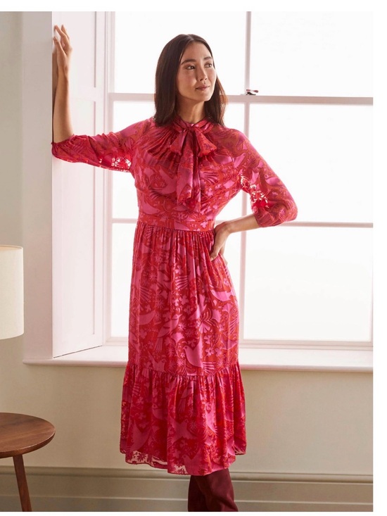 Boden Dresses & Skirts - Boden Velvet Pink and Red Tie-Neck Maxi Dress